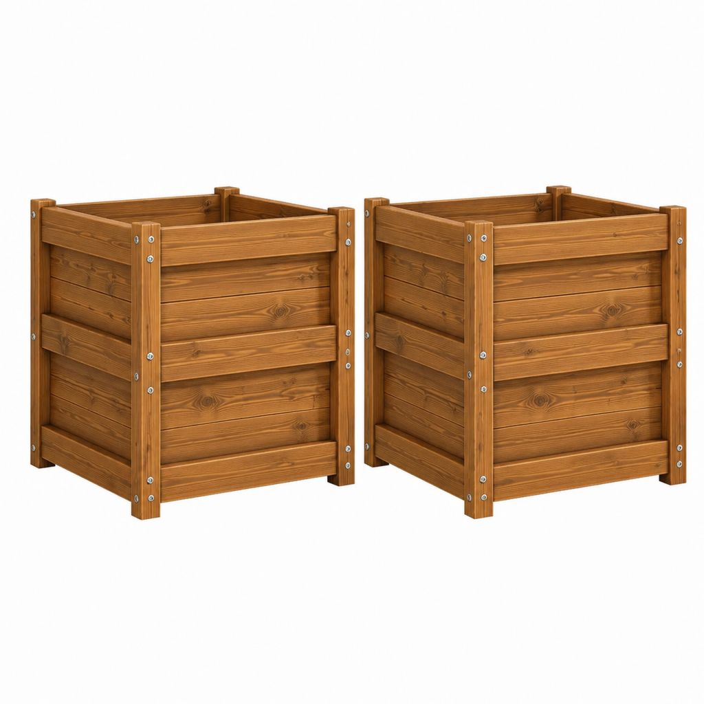 2er Set Hochbeet Pflanzkasten Braun Massives Kiefernholz Quadratisch 80 x 80 x 70 cm