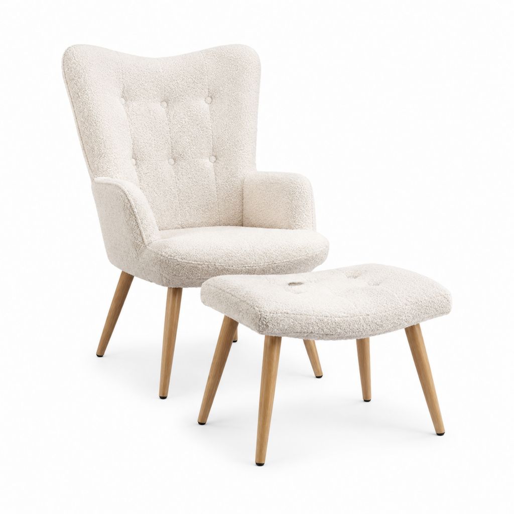 Ohrensessel Set mit Hocker Creme Polyester-Bouclé Massivholz 73 x 85 x 100 cm