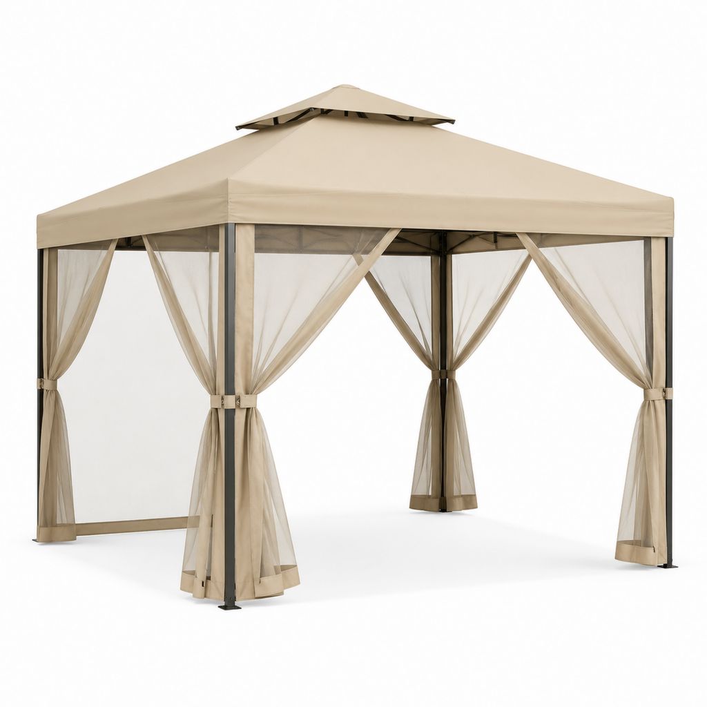 Pavillon Beige mit Stahlgestell Polyester-Dach und Moskitonetzen 300 x 300 x 270 cm