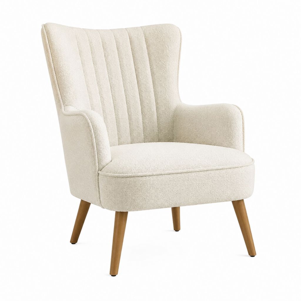 Ohrensessel Creme mit Polyester-Bouclébezug und Holzbeinen 77 x 85 x 104 cm