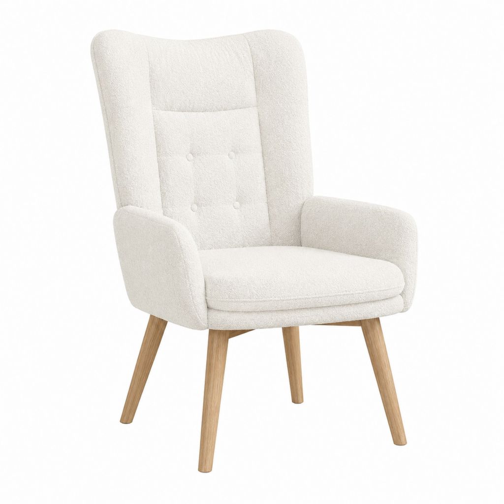 Ohrensessel Cremeweiß aus Polyester-Bouclé mit Massivholzbeinen 76 x 82 x 105 cm