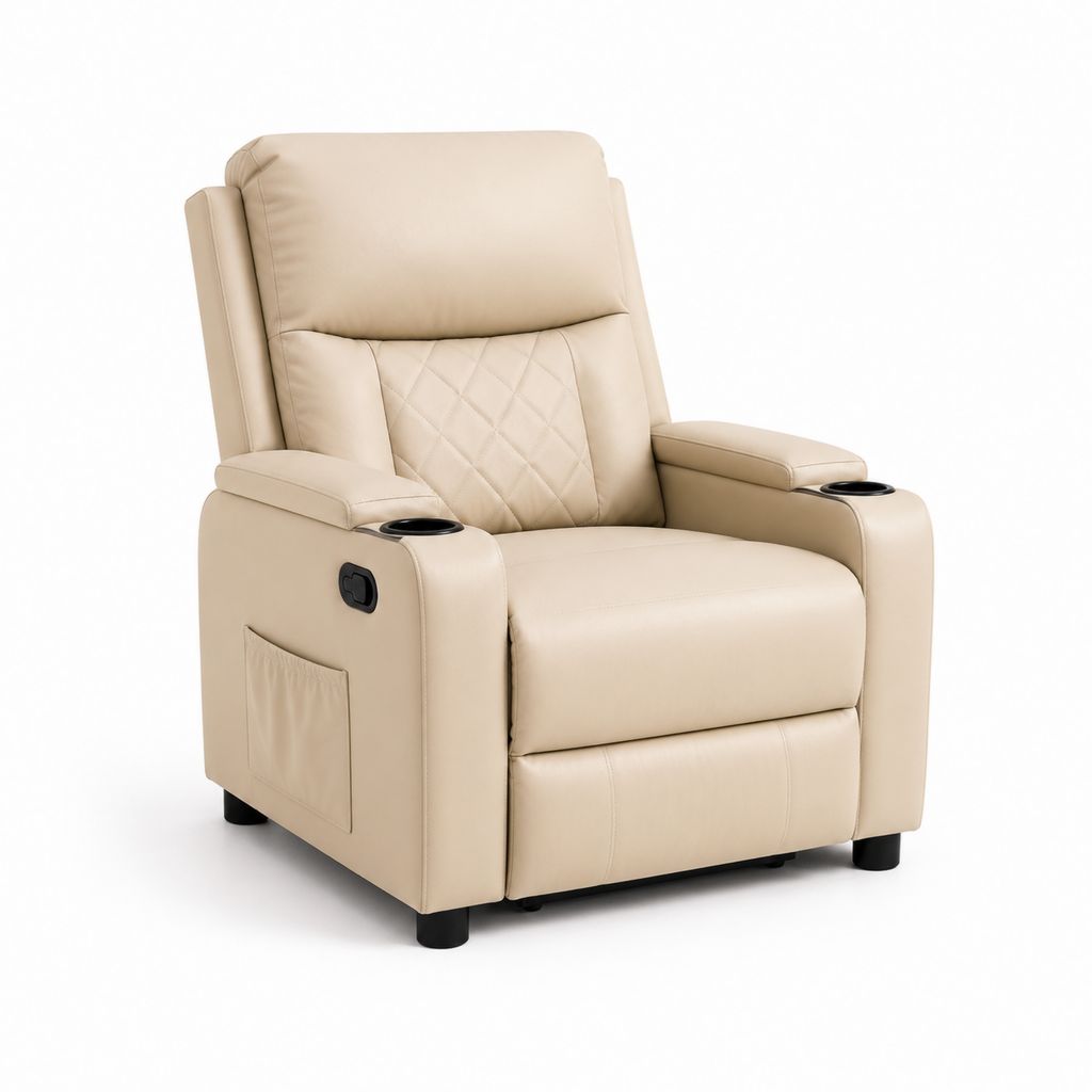 Elektrischer Relaxsessel Beige aus PU-Kunstleder mit Liegefunktion Getränkehaltern und Seitentasche 90 x 94 x 102 cm